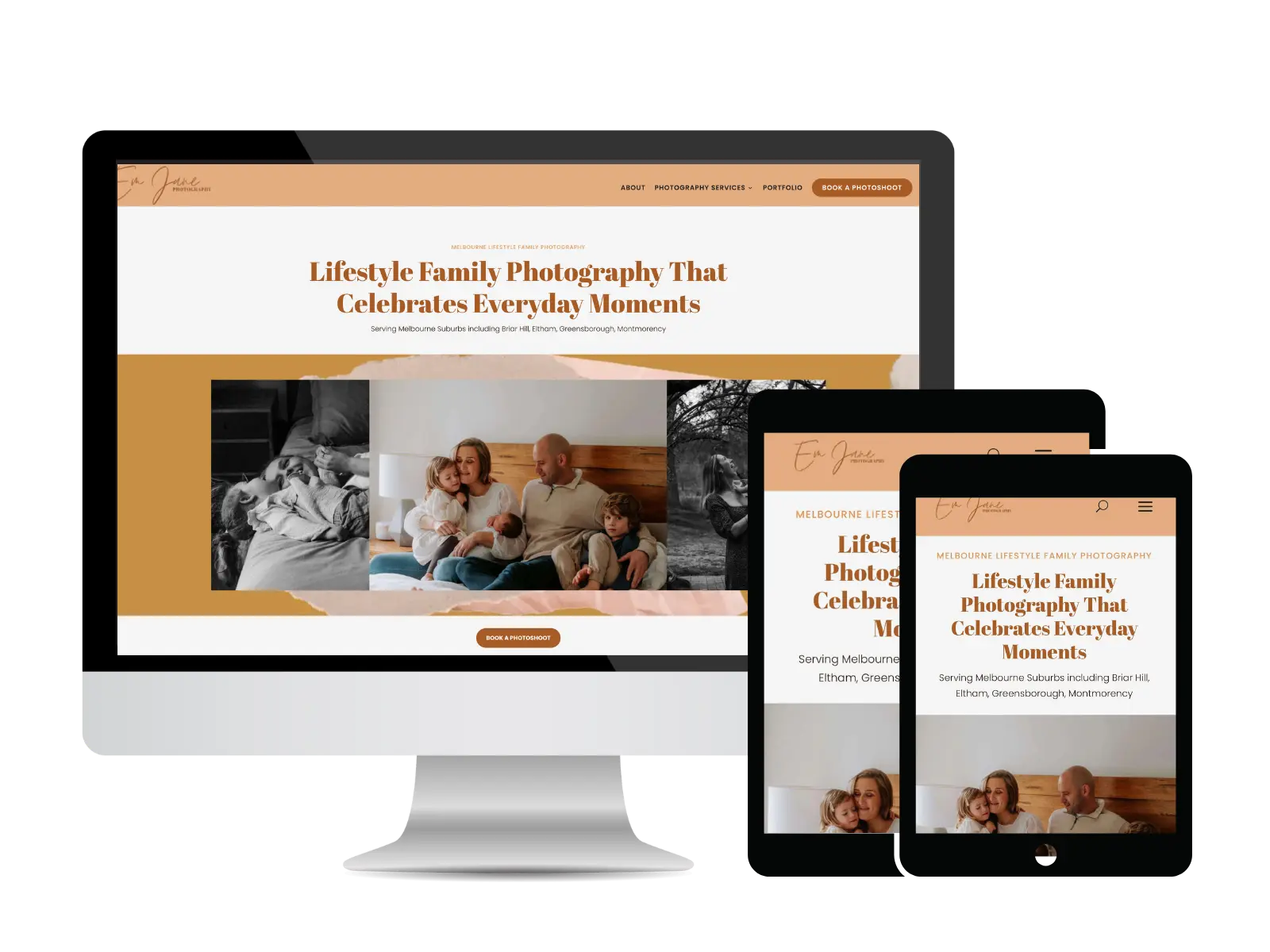 Em Jane photography website mockup of desktop, ipad and mobile