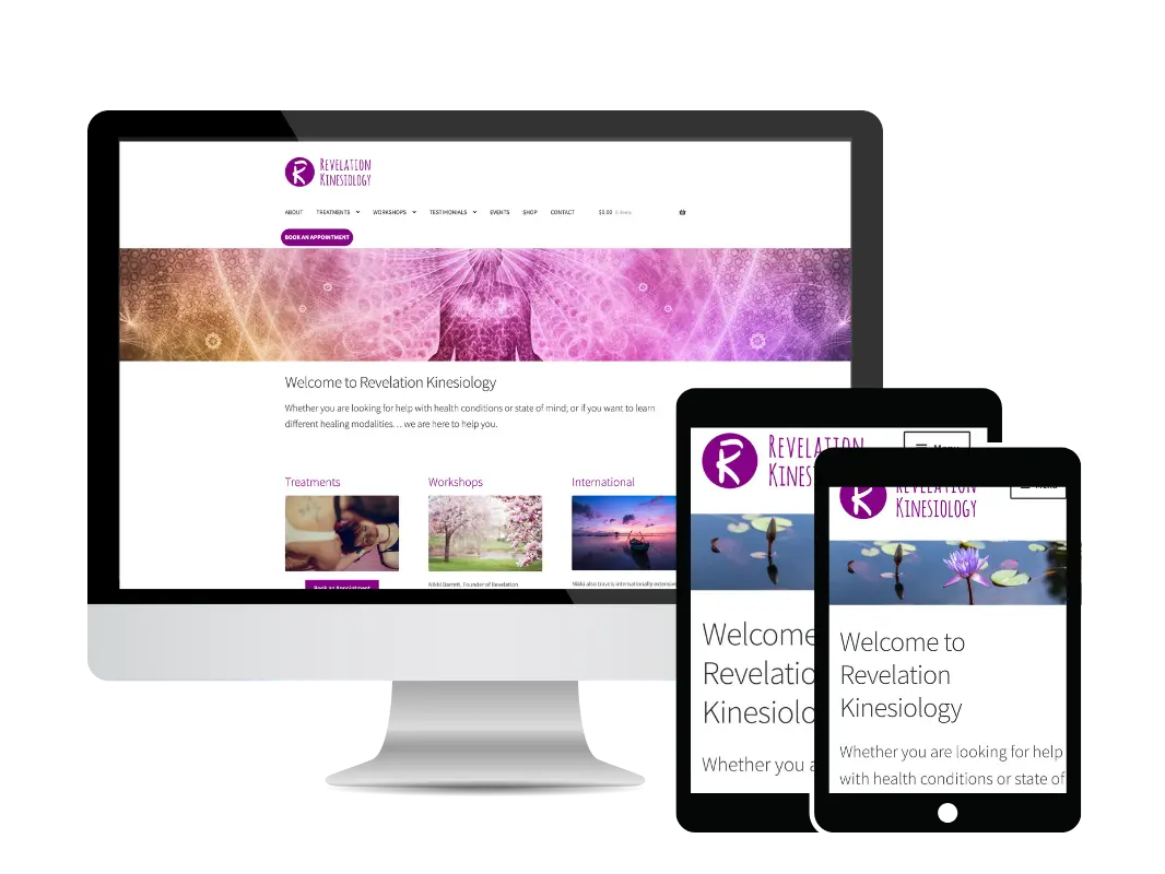revelation kinesiology website mockup of desktop, ipad and mobile