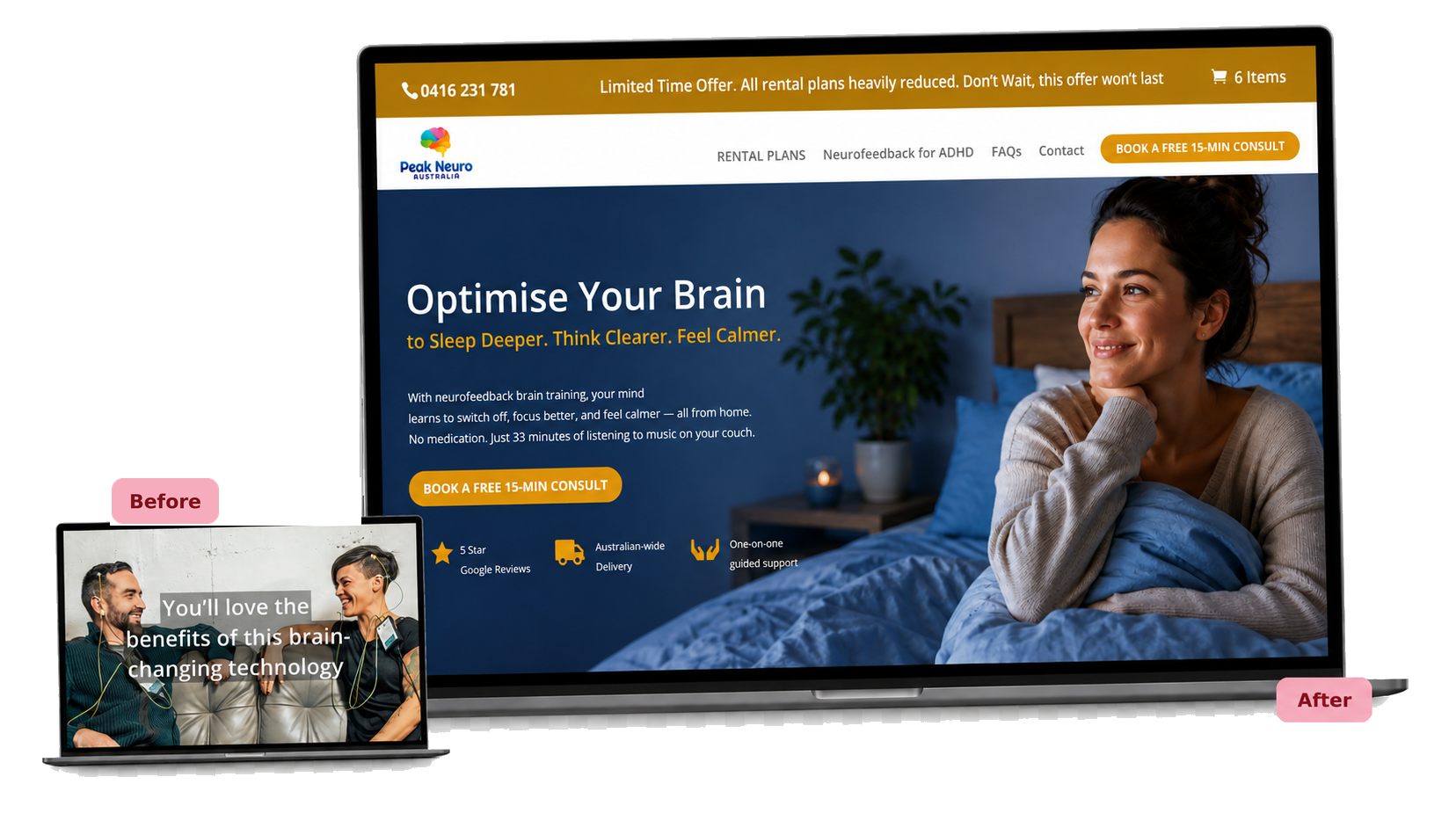 Peak Neuro website before and after redesign shown on overlapping laptop screens.