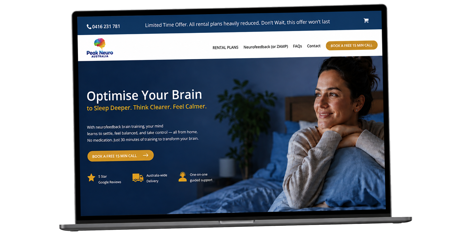 Peak Neuro neurofeedback rental website displayed on an angled laptop screen.