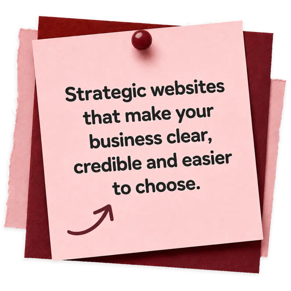 Pinned pink note: Strategic websites that make your business clear, credible and easier to choose.