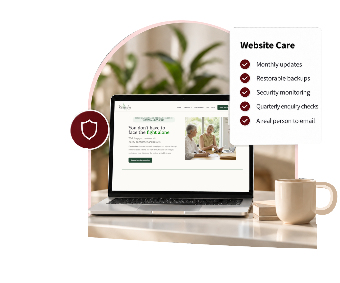 Laptop displaying a client website beside a Website Care checklist, with a coffee cup and the words “A website that works for what’s next.”