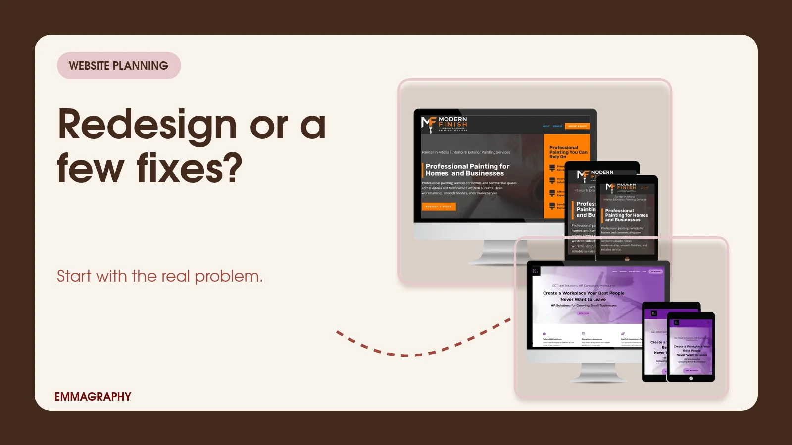 Two website project screenshots with the words Redesign or a few fixes?